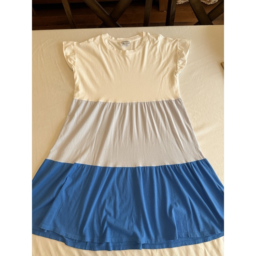 J.CREW Womens Short Sleeve Tiered Midi Dress Colorblock Blue White S